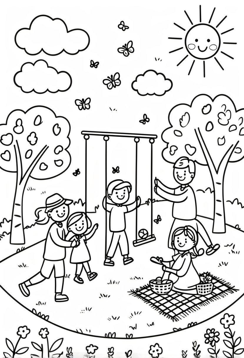 Family Coloring Pages 16 Fun and Creative Designs for All Ages 21 A family of four playing outdoors in a park with trees, a kite, a ball, a swing, a picnic blanket, flowers, butterflies, and the sun in the sky.